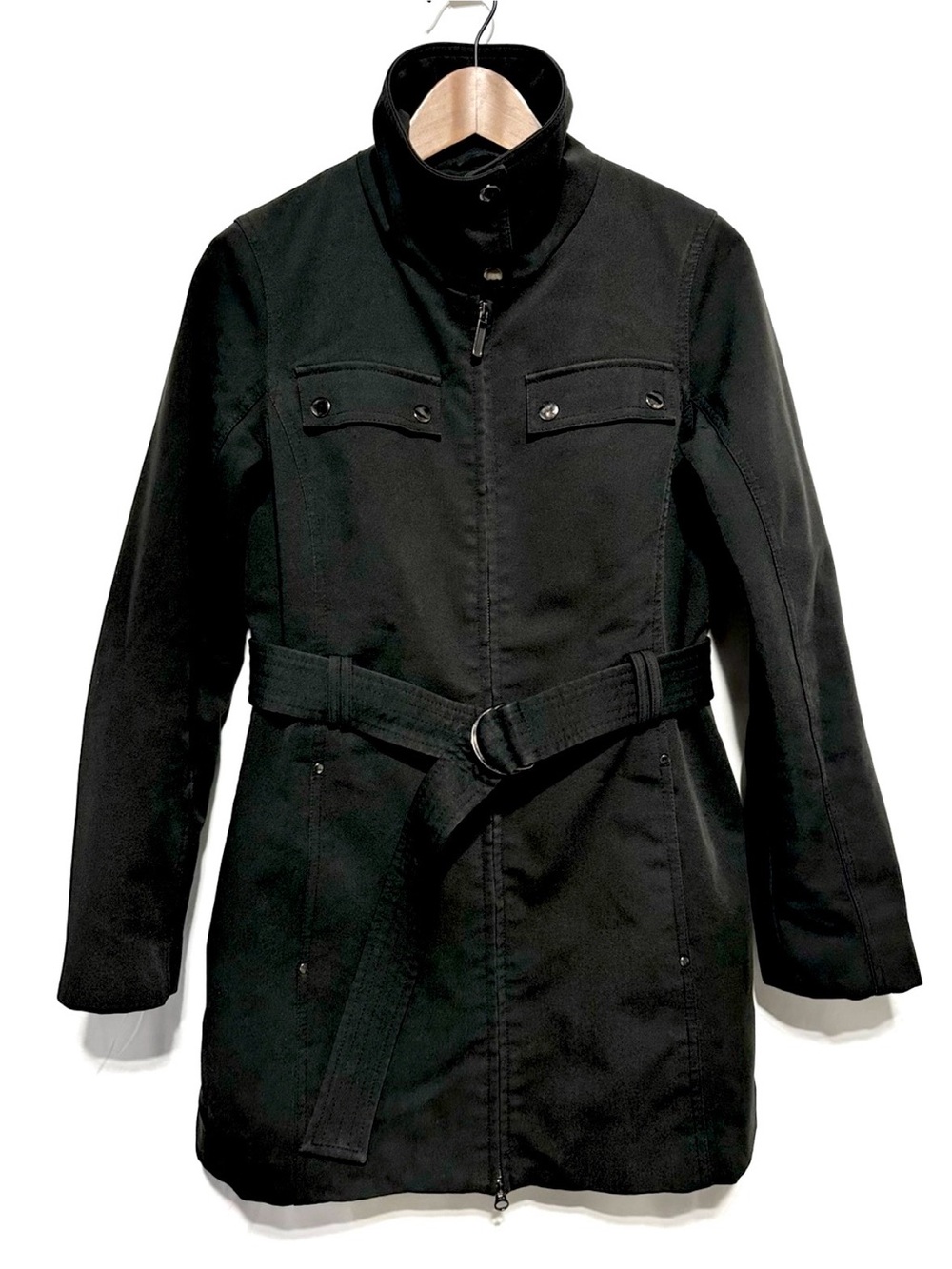 Kristen Blake Black Belted Quilted Trench Coat Classic Funnel Neck Small